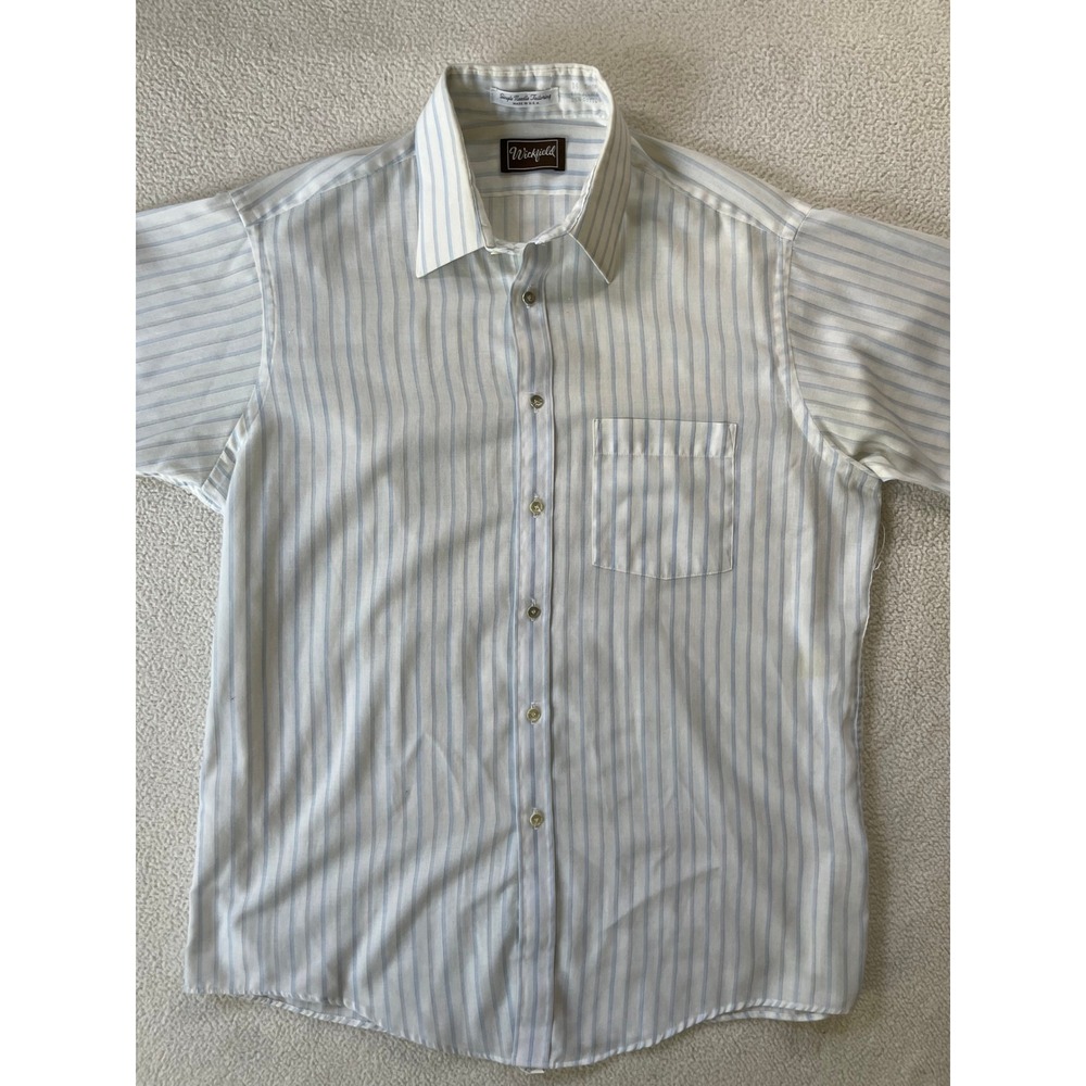 Wickfield Mens 16 Short Sleeve Button Down Shirt White Blue Stripe Vintage USA